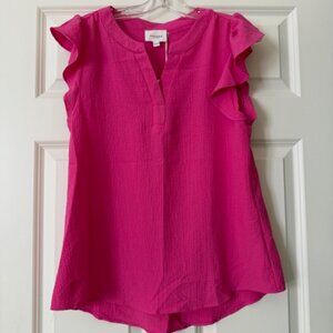 NWT Andree by Unit Hot Pink Ruffled Sleeve Split Neck Blouse Top Women Sz Small